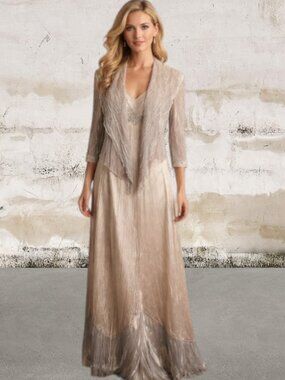 Komarov Lace Trim Tiered Charmeuse & Chiffon Cocktail Dress with Jacket Size XL